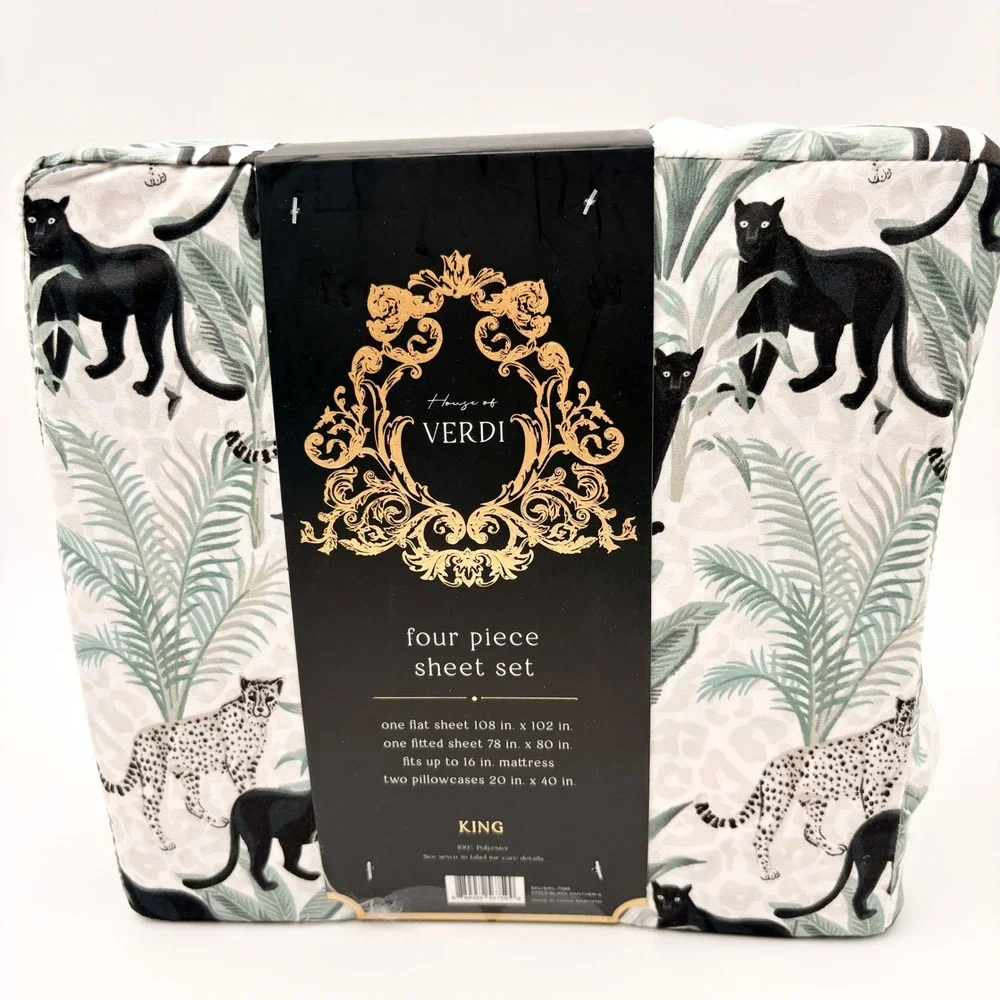 House of Verdi King 4 Piece Sheet Set Black Panther Leopard Jungle Print NEW